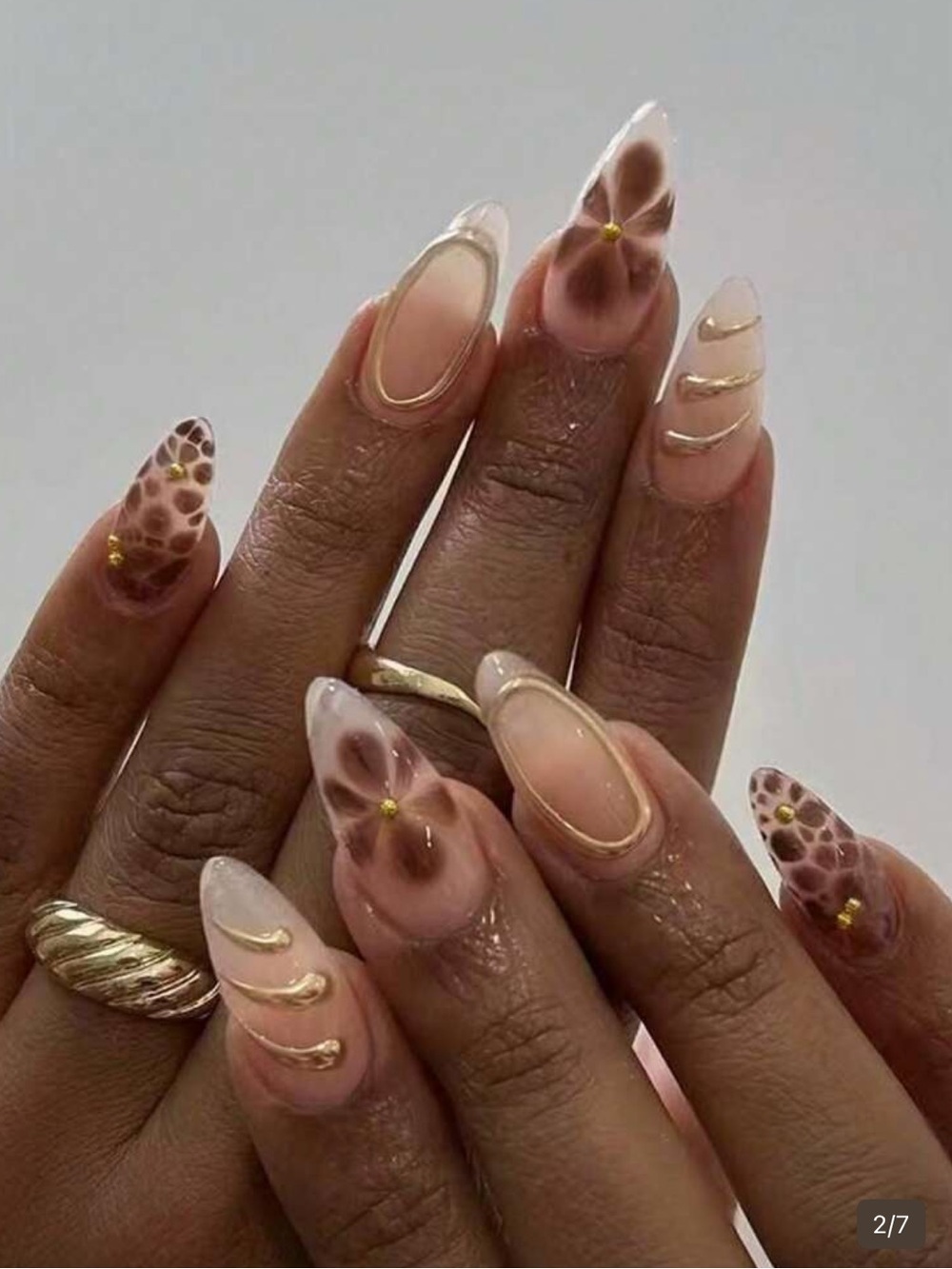 Nude Pink Almond Press on Nails with Gold Accents - Picture 2 of 5